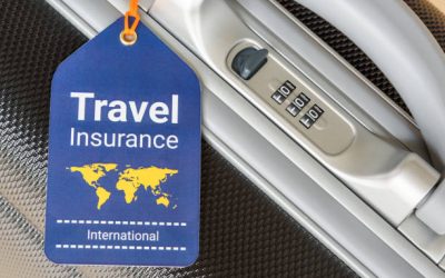 Travel safety and travel insurance concept : Travel insurance tag is hung near a numeric combination lock. Travel insurance is intended to cover lost luggage, trip cancellation, accident, losses, etc